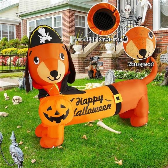5 FT Halloween Inflatable Outdoor Dog with a Pumpkin & Pirate Hat, Blow Up Yard - Picture 6 of 6